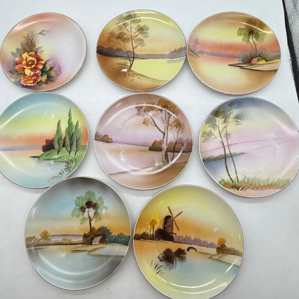 Vtg Noritake Meito China Hand Painted Landscape Plates‎ Set of 8 Made in Japan